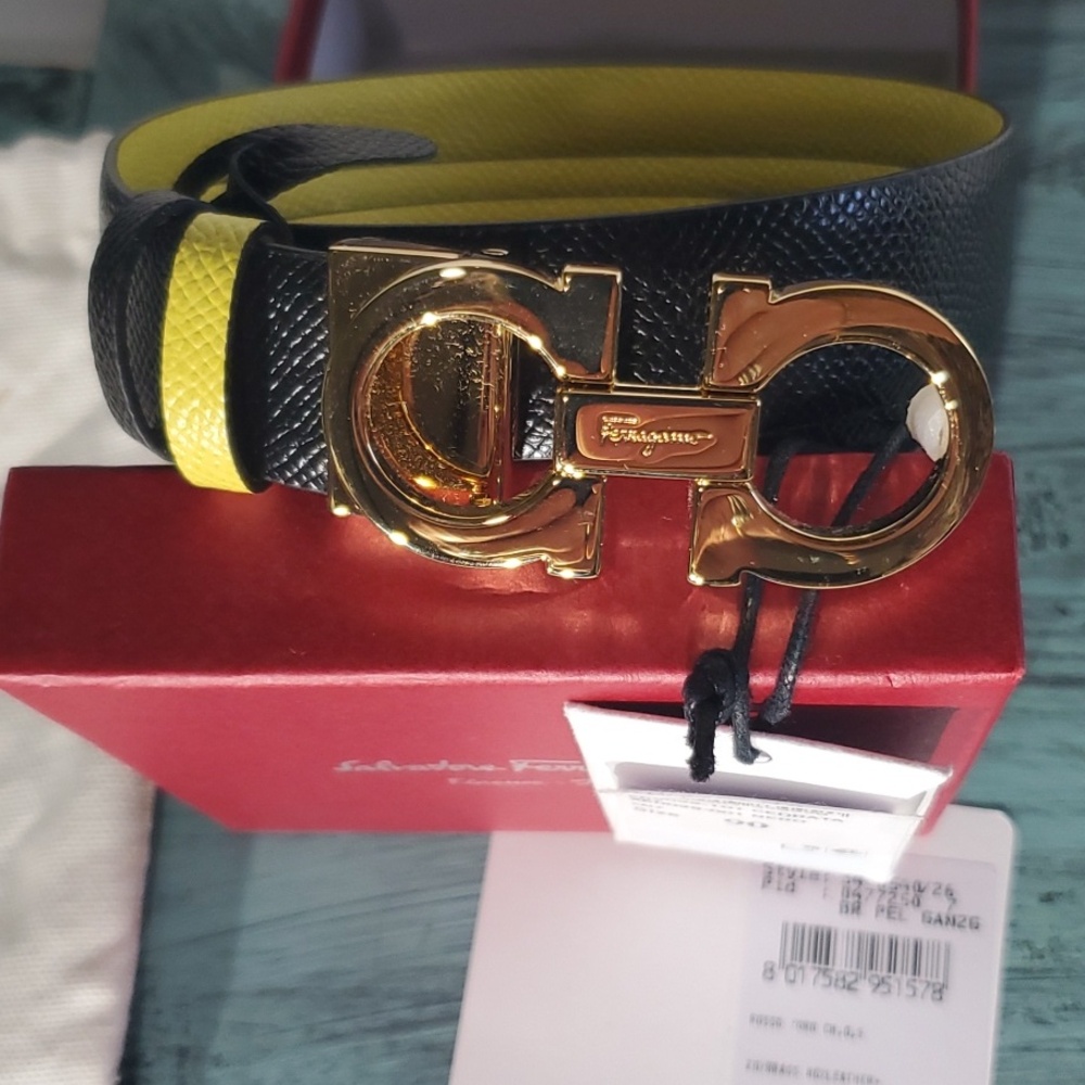 Salvatore Ferragamo Black and Yellow Leather Belt with Gold Gancini Buckle - New - Picture 6 of 6